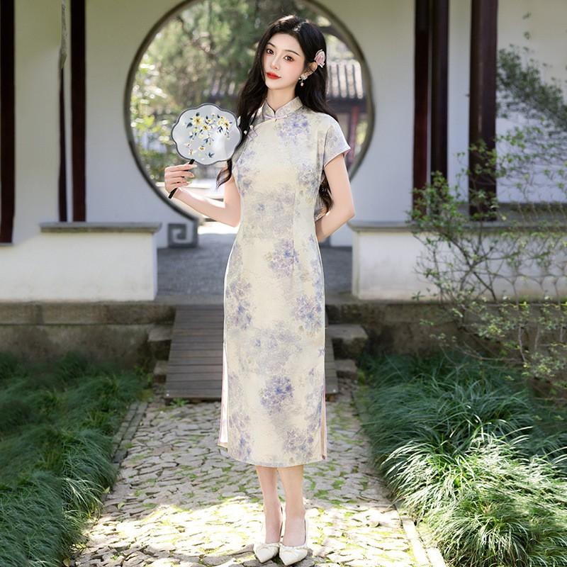 Womens Modern Chinese-Inspired Long Cheongsam Dress Short Sleeve Vintage Style Linen Blend Daily Wear Small