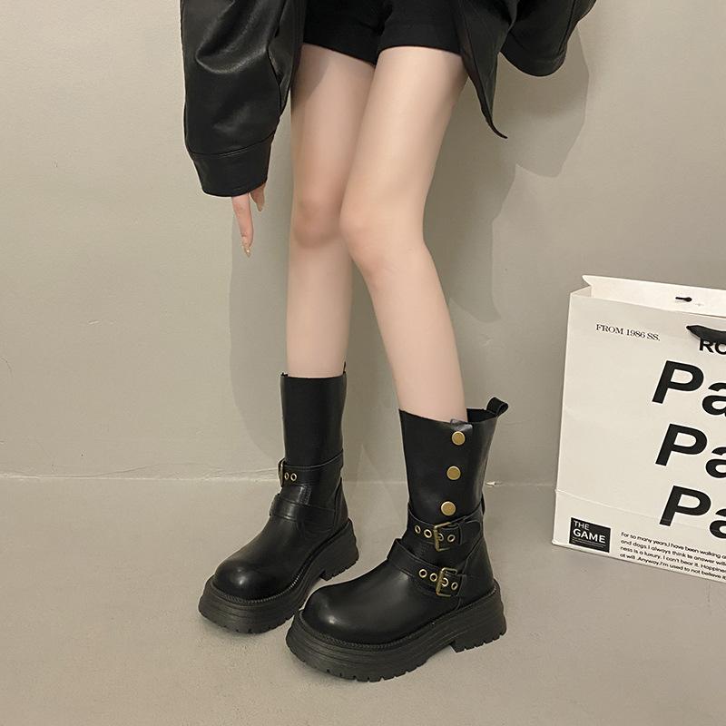 2025 Autumn and Winter New Women's Shoes Medium Top Platform Casual Metal Buckle Martin Boots Heightening Fashion Thin Knight Boots