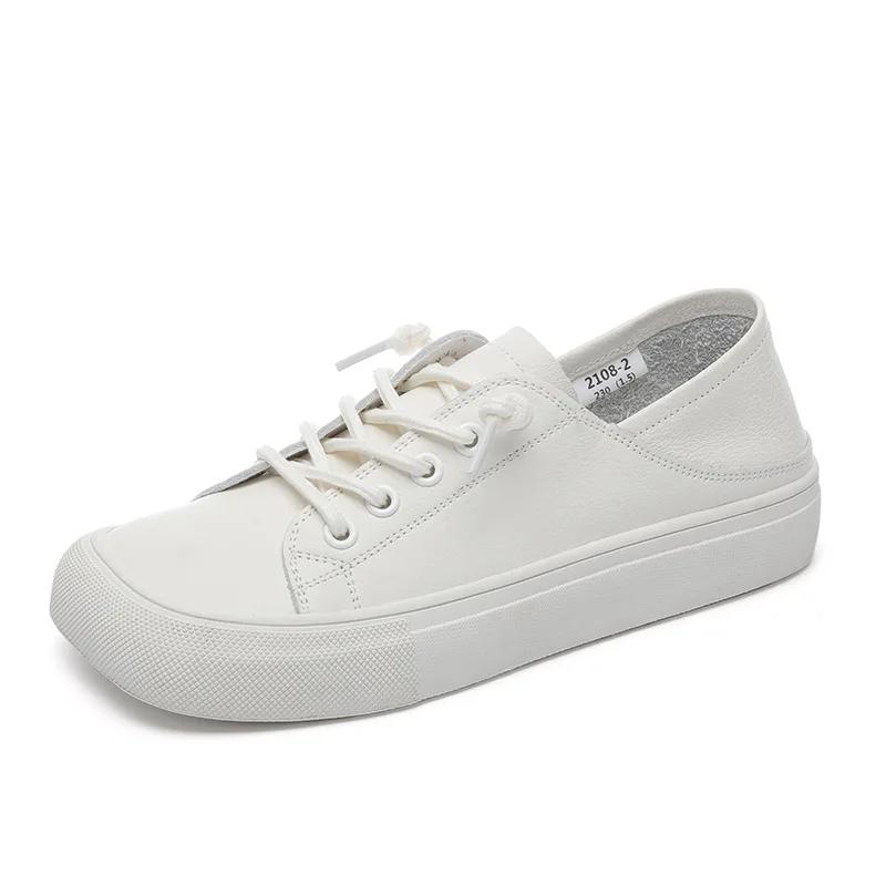 Fashion Genuine Leather White Women's Shoes Ugly Cute Square Head with Soft Bottom Ladies Design Square Toe Flat Casual Shoes2024