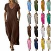 Mode Damen Farb V-Ausschnitt Langes Kleid Locker