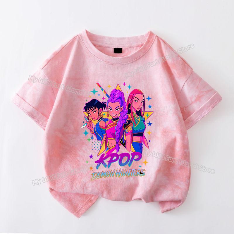 Haijian03 KPop Demon Hunters Tie-dye T-shirt voor Meisje Tops met Korte Mouwen Rumi Mira Zoey Print T-shirts Leuke Zomer Kinderkleding 110