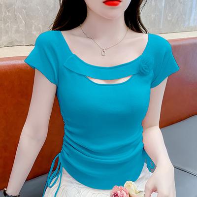 Unique Design Short Sleeved Women's Summer New Drawstring Top Slim Irregular T-shirt  Knitted Sweater