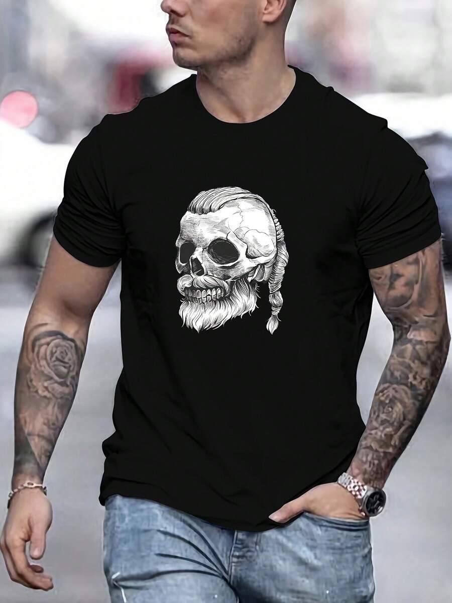 

Viking Skull Print Unisex T-Shirt, Casual Short Sleeve T-Shirt Summer M