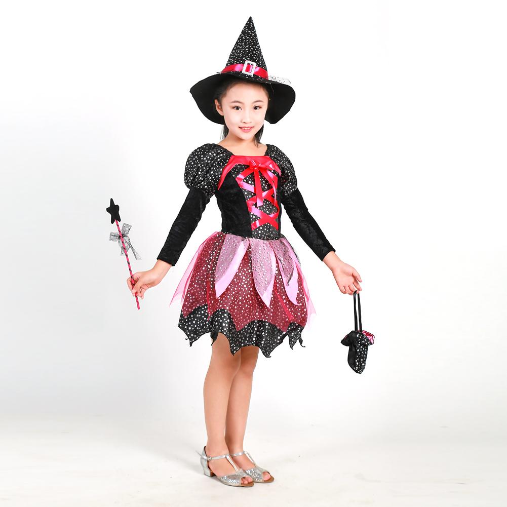 Kid Girls Halloween Witch Costume Sparkly Silver Stars Printed Carnival Cosplay Dress With Pointed Hat Wand Dress Up Clothes