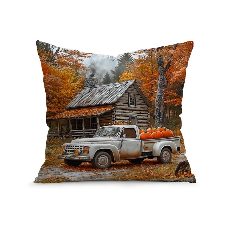 Home Decor Autumn Cabin, Trees & Pumpkin Printed Pillowcase Pattern Cushion Cover Suitable for Sofa Bedroom Car Pillow Cover