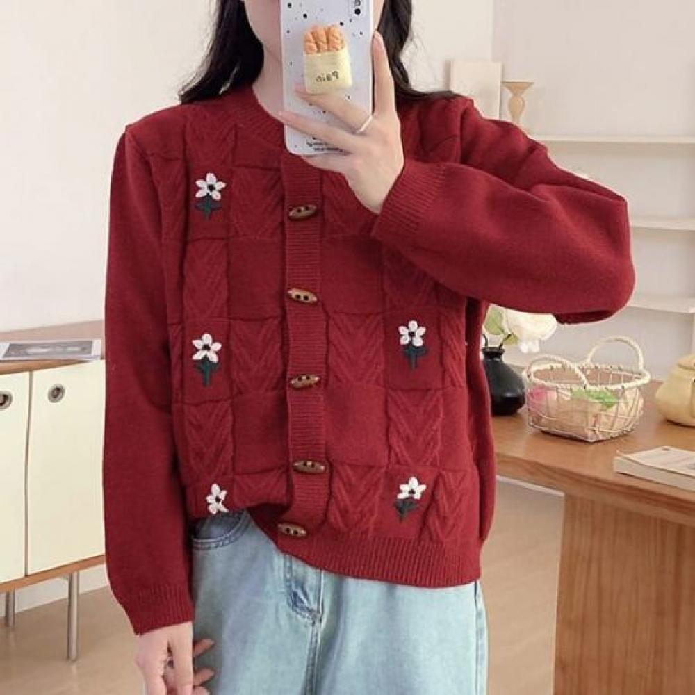 Navava Women Flower Embroidery Long Sleeve Knit Cardigan Nk2774