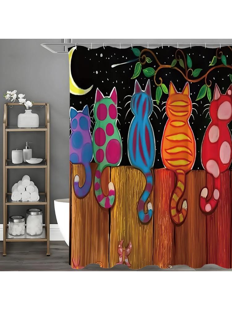 Cartoon Cute Cat Moon Shower Curtain, Bathroom Decorative Shower Curtain, Waterproof Shower Curtain With Hooks W60H190(CM)-1 Pcs