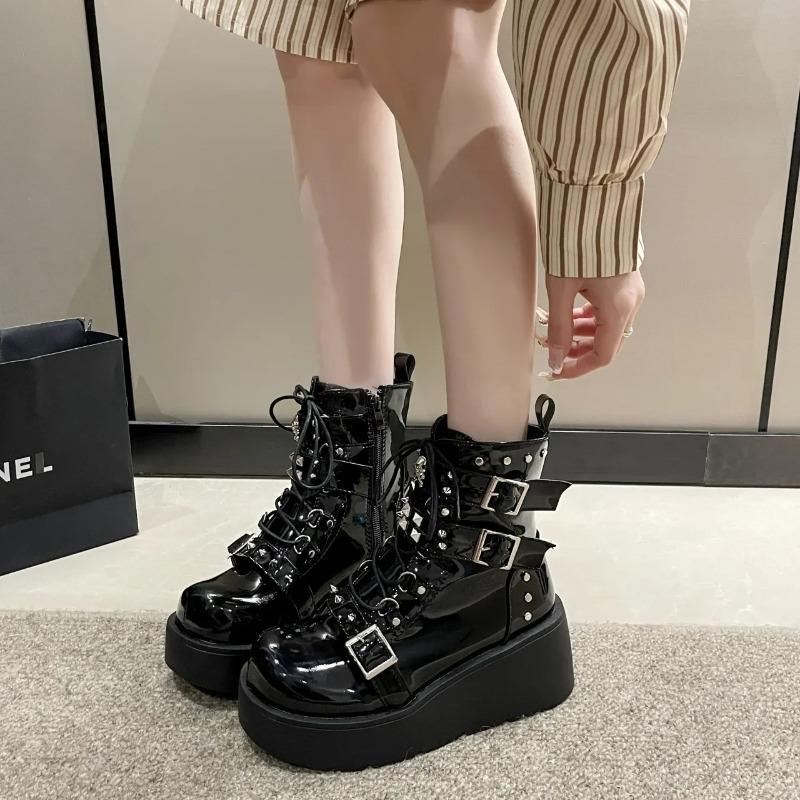 Fashion Punk Style Thick Bottom Motorcycle Boots Women's Platform Gothic Shoes Round Toe High Heel Ankle Booties Rubber Outsole