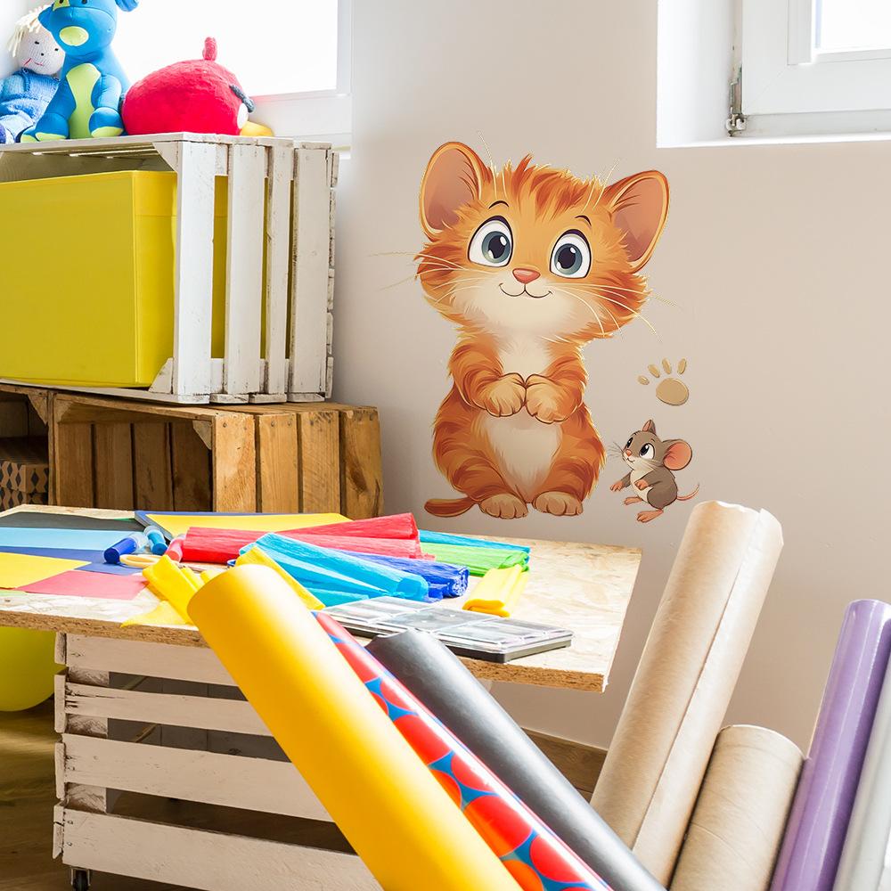 Cartoon Cat and Mouse Wall Sticker for Bedroom Living Room Background Decor Removable Self-Adhesive Decal