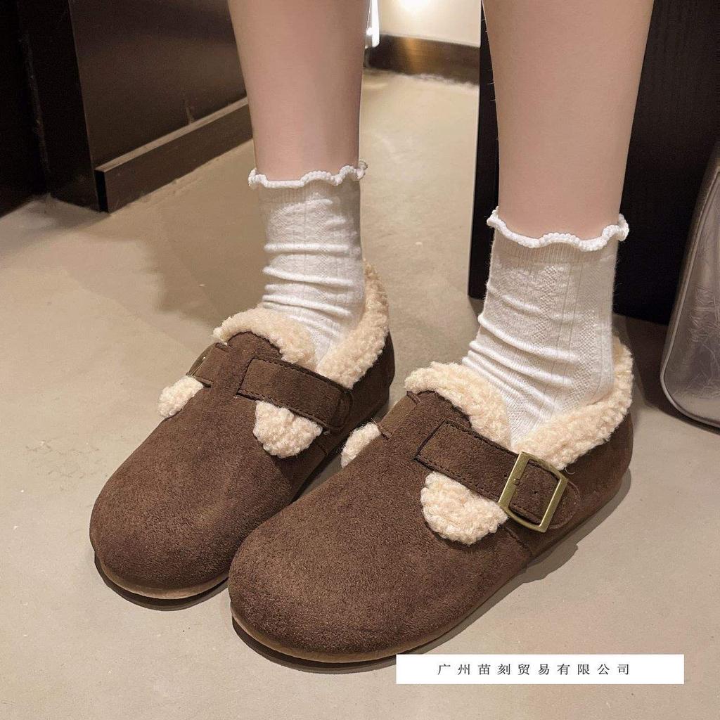 Autumn four-season Doudou shoes women's velvet loafers wear flat-soled retro soft-soled Birkenstock big head and cotton shoes