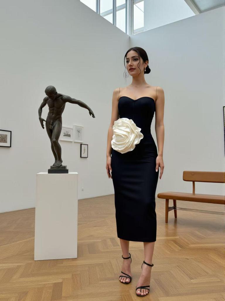 Elegante Abito Bandage con Spalline Sottili e Design Floreale 3D – Abito da Sera Slim Fit