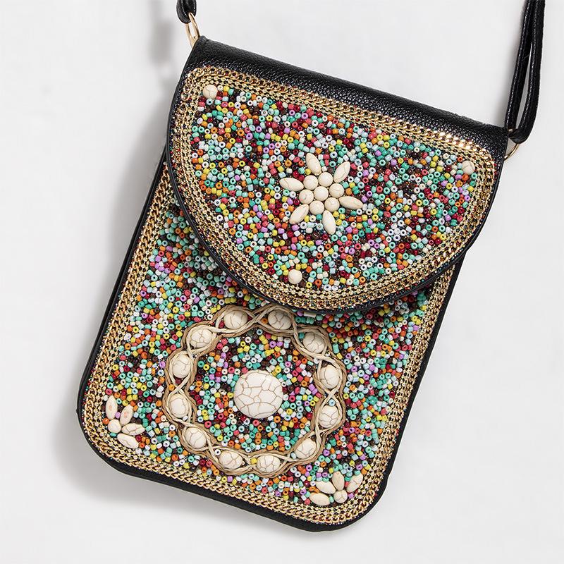 Exquisite Bohemian Style Crossbody Bag with Rice Beads, Shells, and Flowers