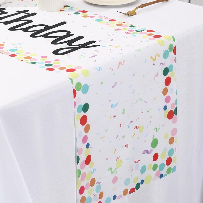 Colorful Polka Dot Pattern Decorative Table Runner, Happy Birthday Theme Polyester Table Flag, Birthday Party Table Ornament