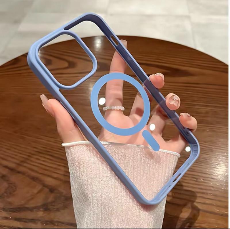 Colored Acrylic + TPU 2in1 Magnetic Wireless Charging Transparent Clear Case Hard Back Case Compatible for iPhone Samsung