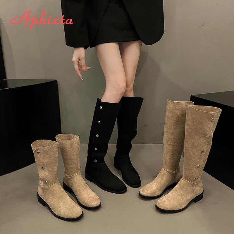 Fashion Aphixta Suede Upper Button Dec Women Ankle Boots Knee Boots Women Black Shoes Fashion Round Toe Modern Ankle Boots for Women