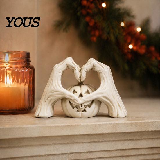 Artistic Horror Souvenir Gothic Skeleton Heart Hand Sculpture, Spooky Halloween Resin Abstract Pumpkin Statue, Figurine Shape Finger Gesture