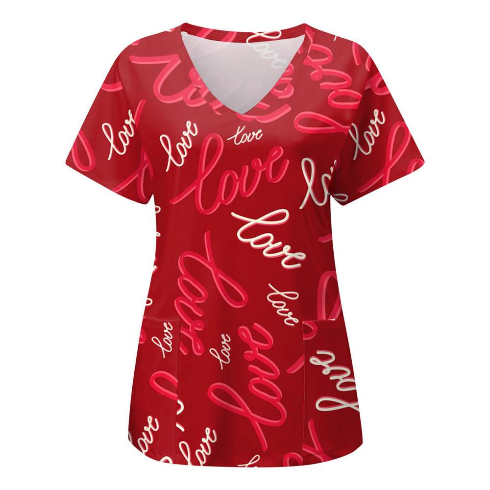 Women's T-shirt V-neck Nurse Uniform Casual Short Sleeved Women's Printed Heart T-shirt