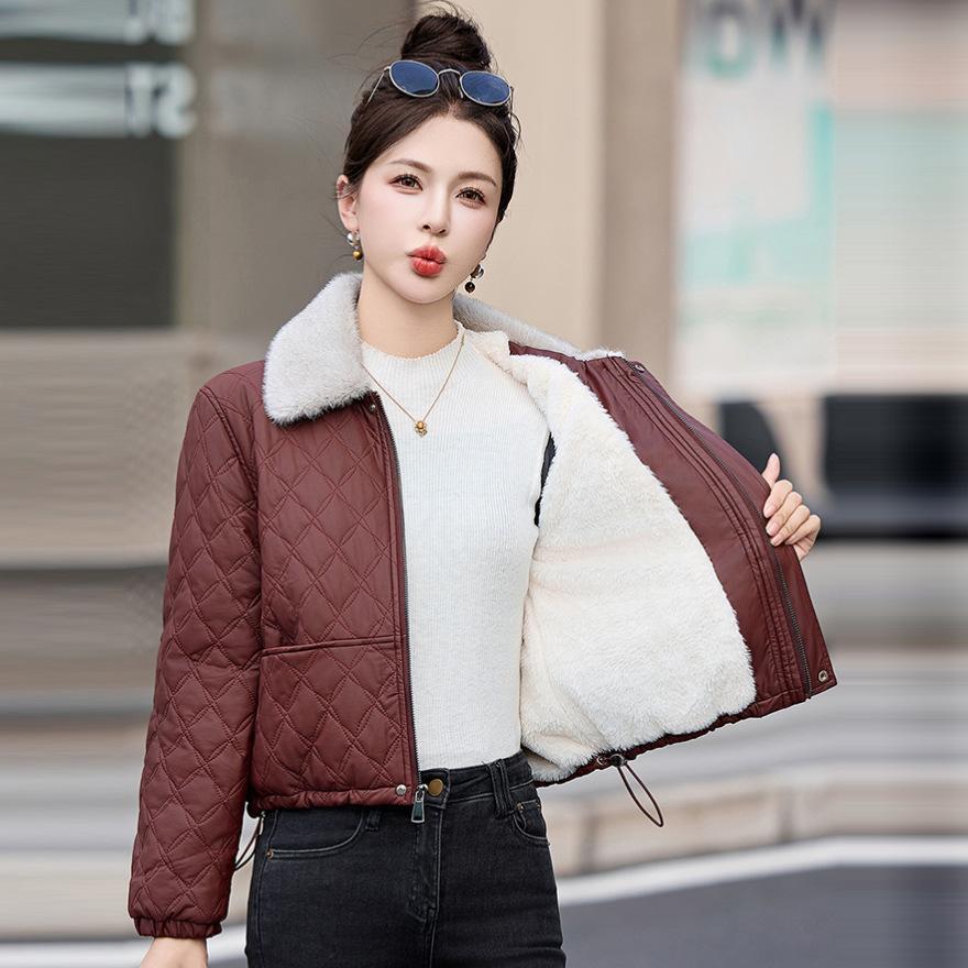 velvet leather jacket cotton-padded jacket new winter women's small leather cotton-padded jacket short thickened cotton-padded jacket