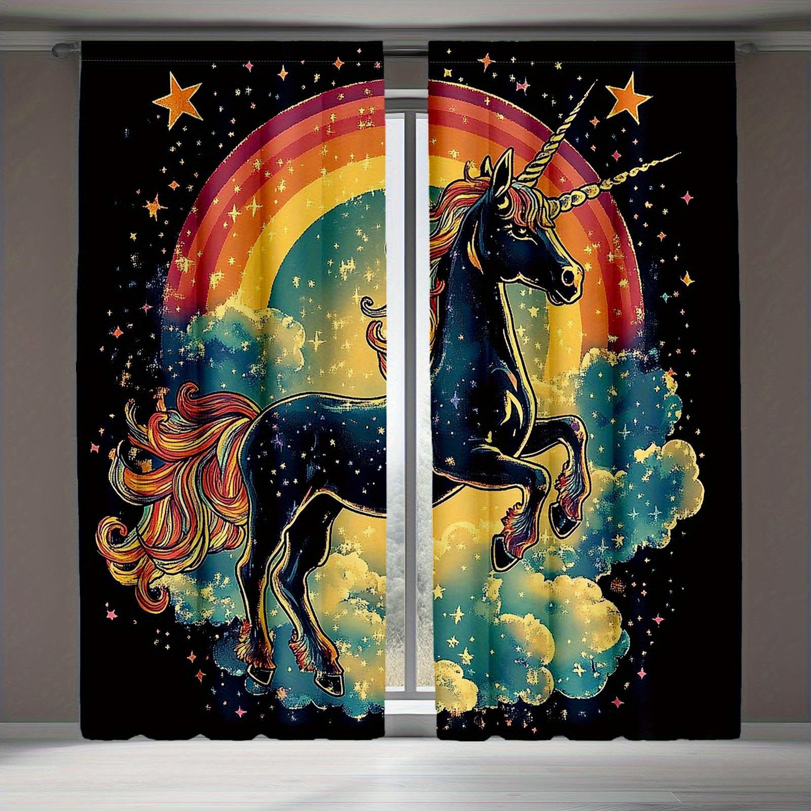 

Set Of 2 Polyester Semi Traditional Style Uncorded Dreamy Fantasy Rainbow Unicorn Curtains Machine Sheer Made W100*H70(CM)-Grommet top&1PCS