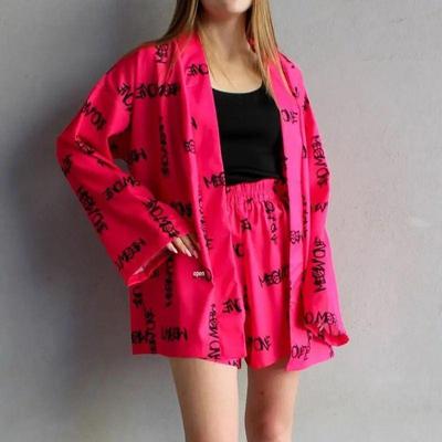 2024 European-American Women's Loose Long-Sleeve Print Pajama Set with Tie-Up and High-Waisted Shorts