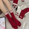 Double Layer Bow Socks Red Color Stacking Socks Trendy Mid Tube Socks  Holiday