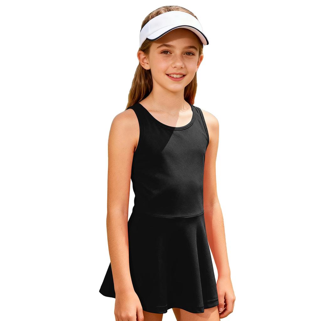 Girls Workout Tennis Dress U Neck Sleeveless Racerback Sundress Solid Color Golf Sports Dresses