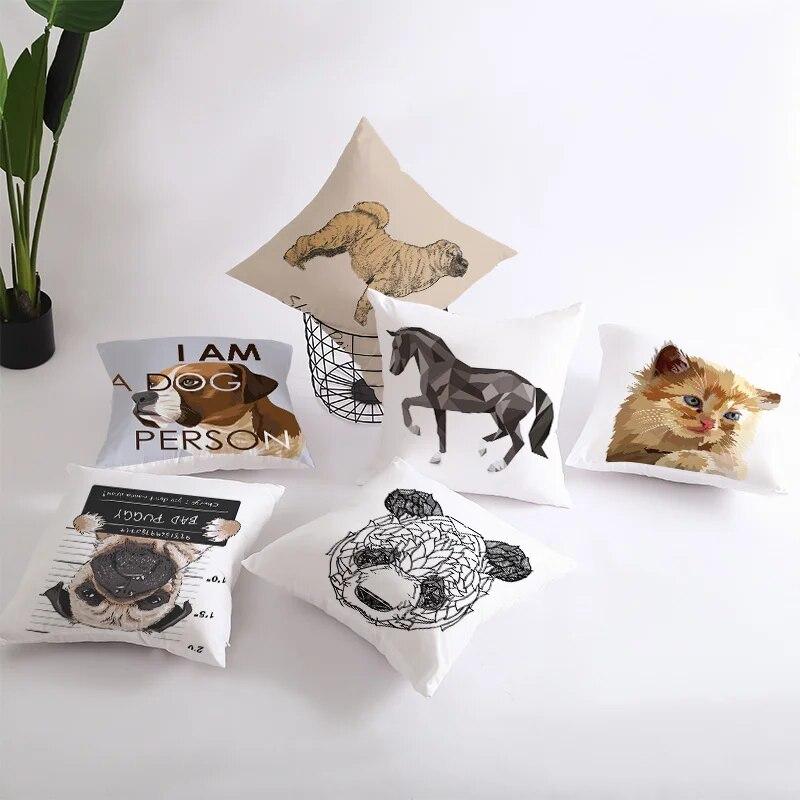 Geometric Cushion Cover Cute Dog Cat Pillowcase Sofa Living Room Home Decor Cartoon Animal