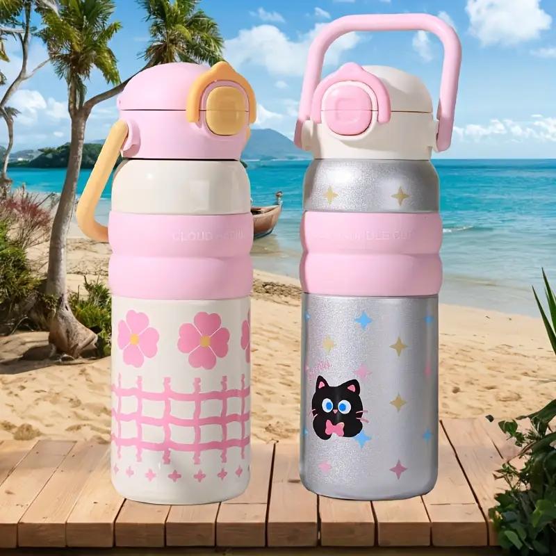 600ml Cartoon Vacuum Thermos Flask With Straw Portable Double Drink Adult Children Coffee Cups Thermal Water Bottle Drinkware