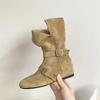 Seoul Inspired Round Toe Motorcycle Boots Women Metal Bule Velvet Surface Knight Sle Mid-Calf Flat Heel Booties Hight Top Shoes