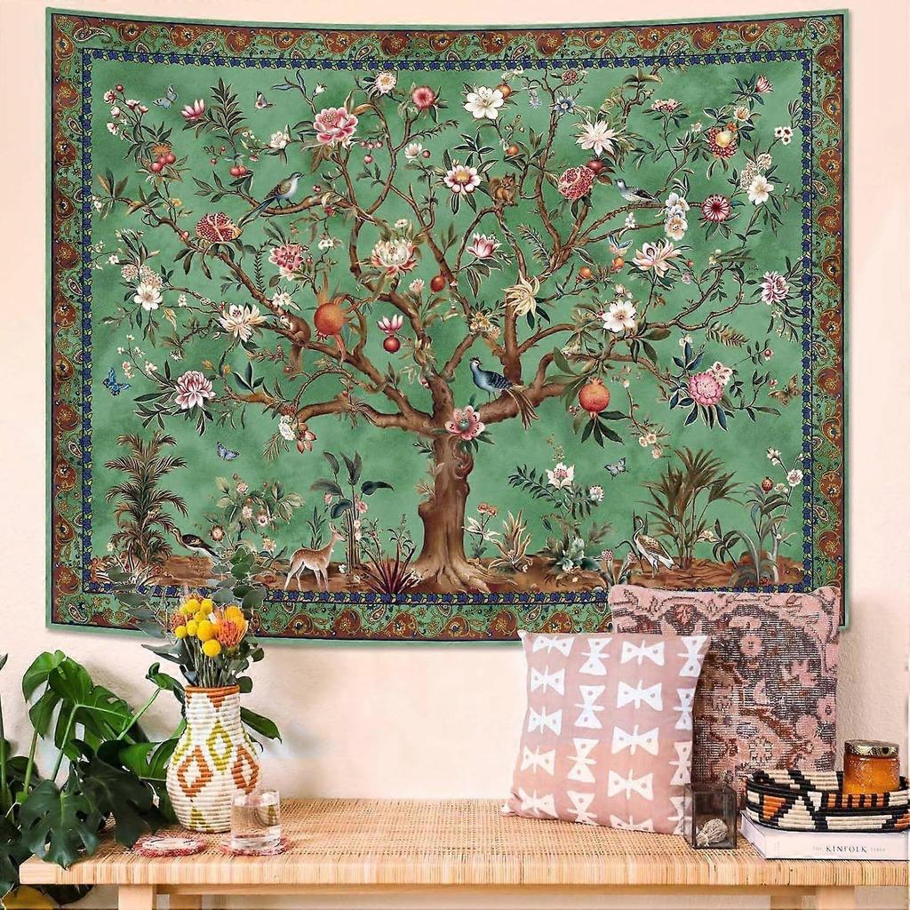Tapeçaria Árvore da Vida Boho, Tapeçarias com Padrão de Flores Folhas Pássaros Planta Animal Vintage, Pendente de Parede Estética Indiana Bohemian Retrô Verde