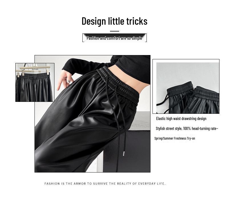 Women's PU Leather High Waist Trousers - Slimming, Versatile, Black with Narrow and Wide Leg Options