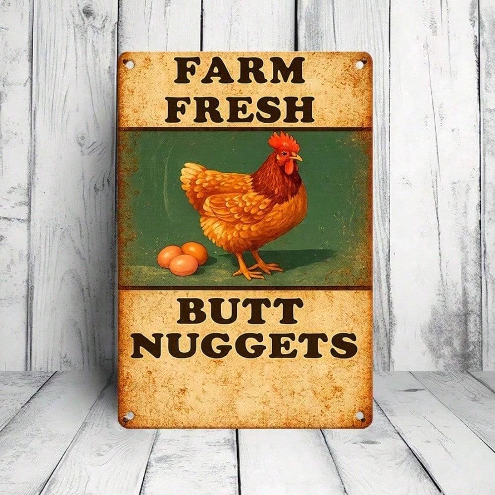 1pc Farm Fresh Butt Nuggets Tin Sign, Humorous Chicken Metal Wall Art, Funny Vintage Farmhouse Decor for Living Room