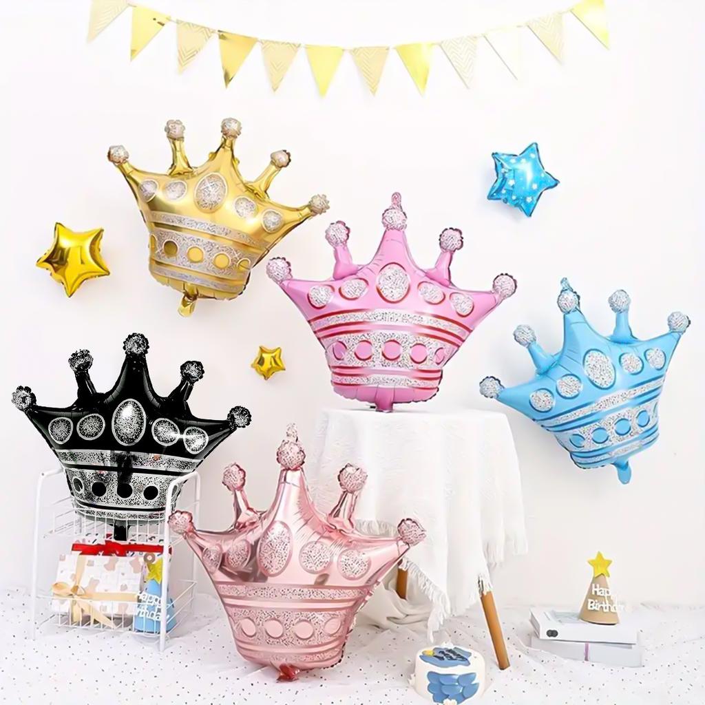 5pcs Crown Theme PE Decorative Balloon Set, Crown Shape Balloon, Happy Birthday Aluminum Foil Balloon Party Supplies