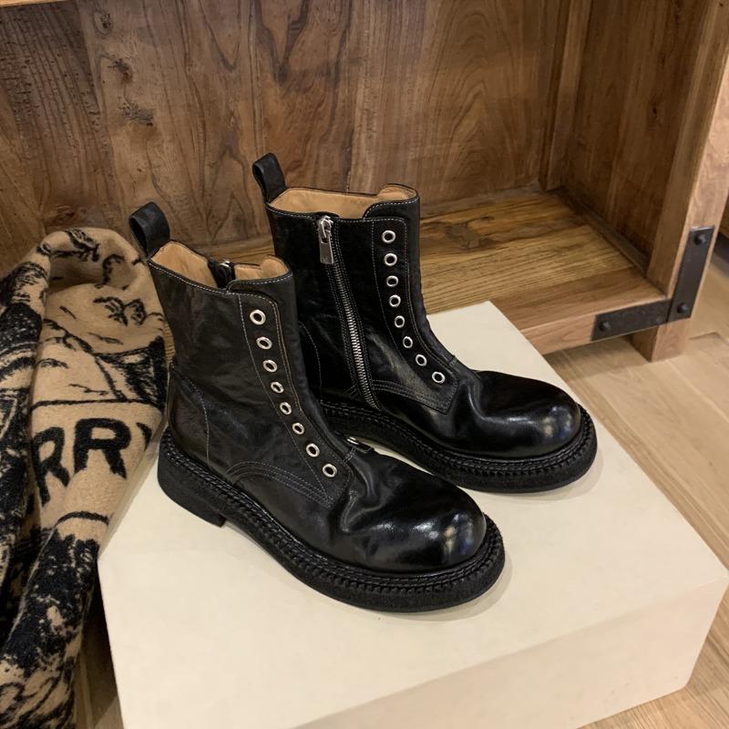 

[] Imported A-class horse leather round head side zipper locomotive Martin short boots 35 чёрный