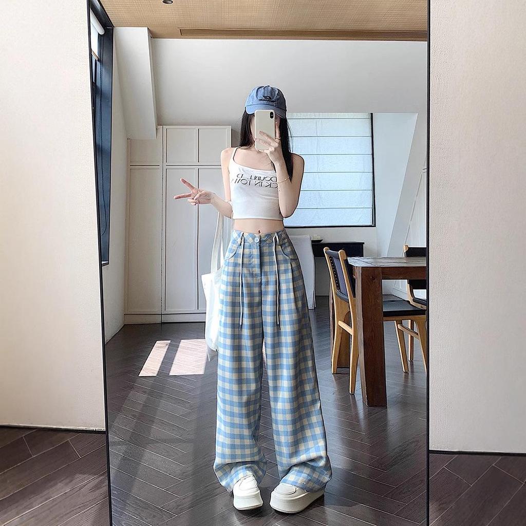 Women's Blue Check Wide-Leg Pants: High-Waist, Loose Fit, Summer Casual Design