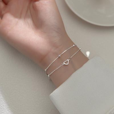 925 Sterling Silber Doppel-Liebesherz Hohl Runde Perlen Armband Damenmode Romantischer Schmuck Klassisch