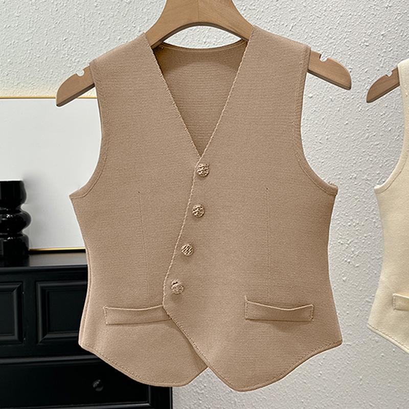 French Retro V-Neck Single-Breasted Irregular Sleeveless Slim Knitted Vest For Women