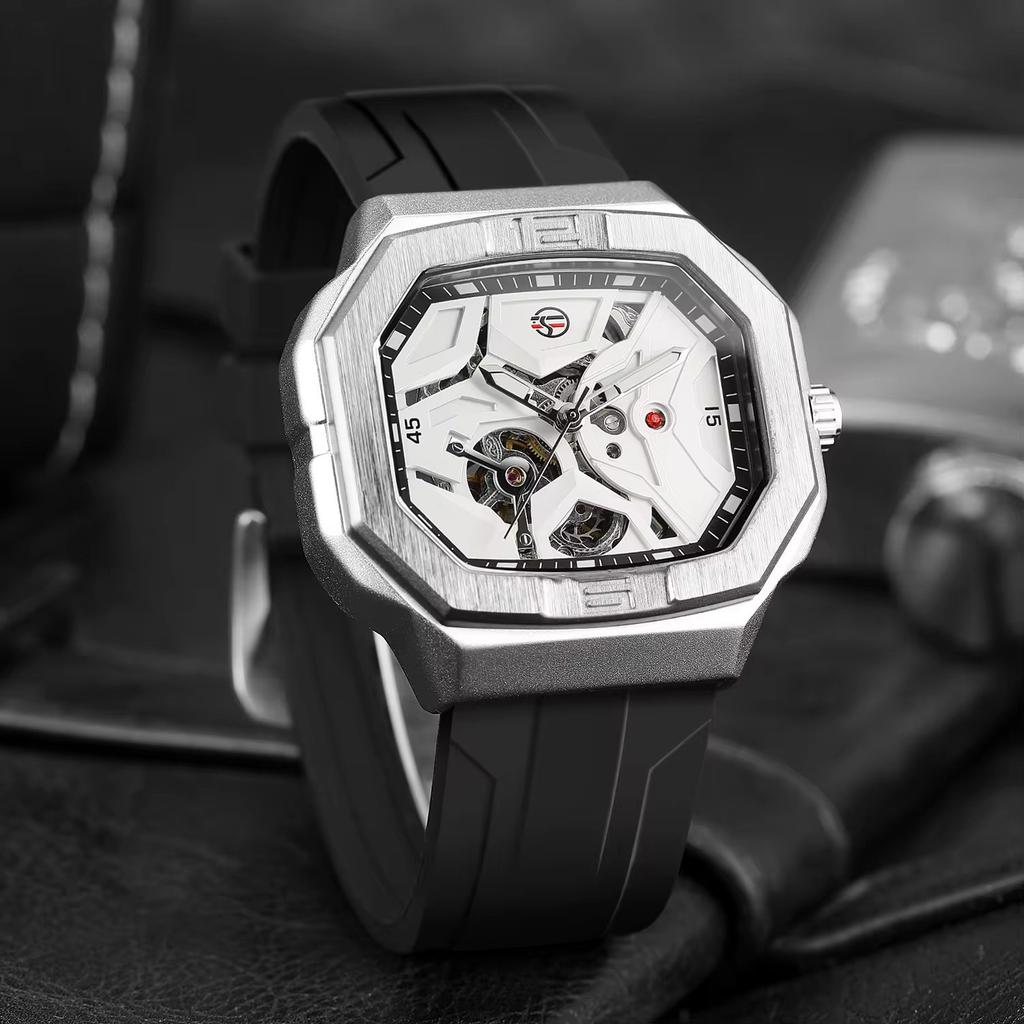 Forsining Mens Skeleton Automatic Self Wind Mechanical Movement Watches Waterproof Luminous Square Dial Silicone Strap Wrist Watch