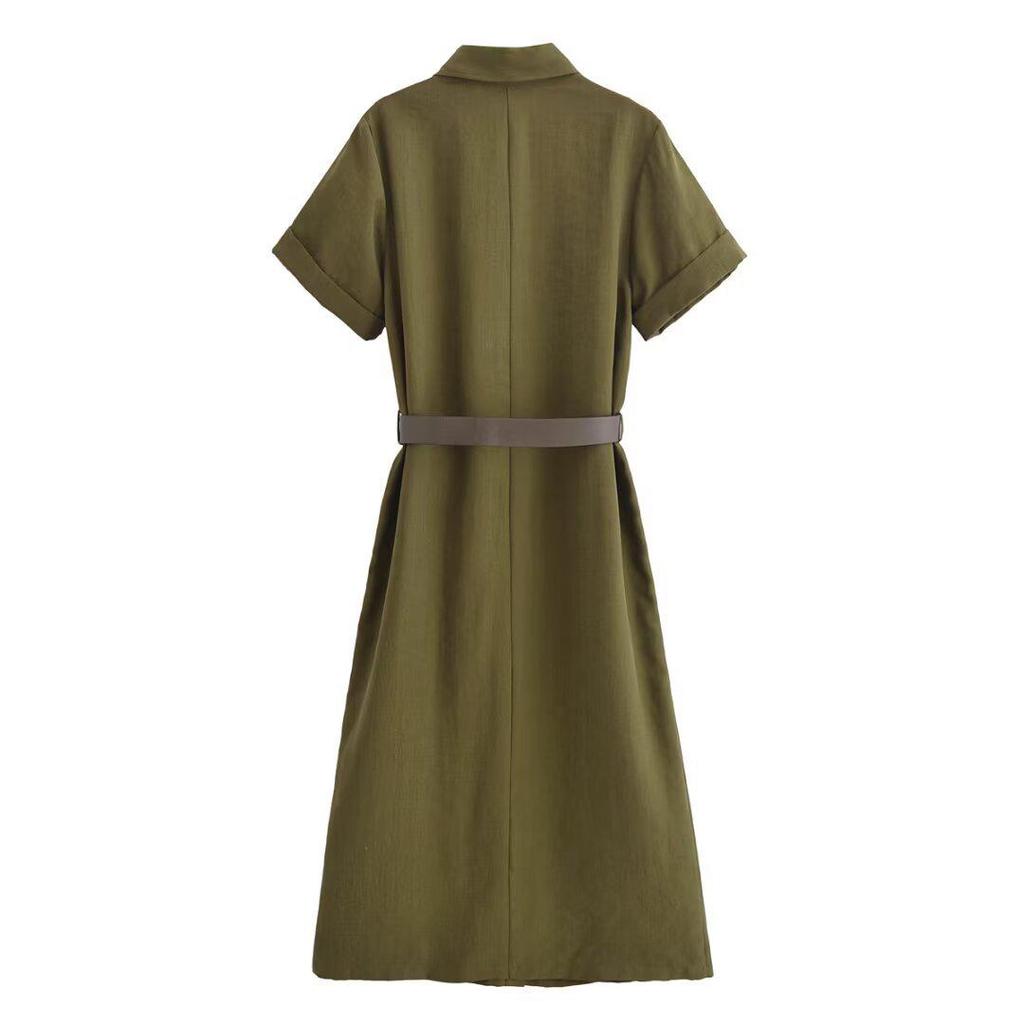 2025 Spring Women's European & American Style Belted Short Sleeve Turn-Down Collar Dress