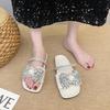 2025 new European flat-bottomed bow rhinestone slippers women's cross with satin open-toed fashion outer slippers