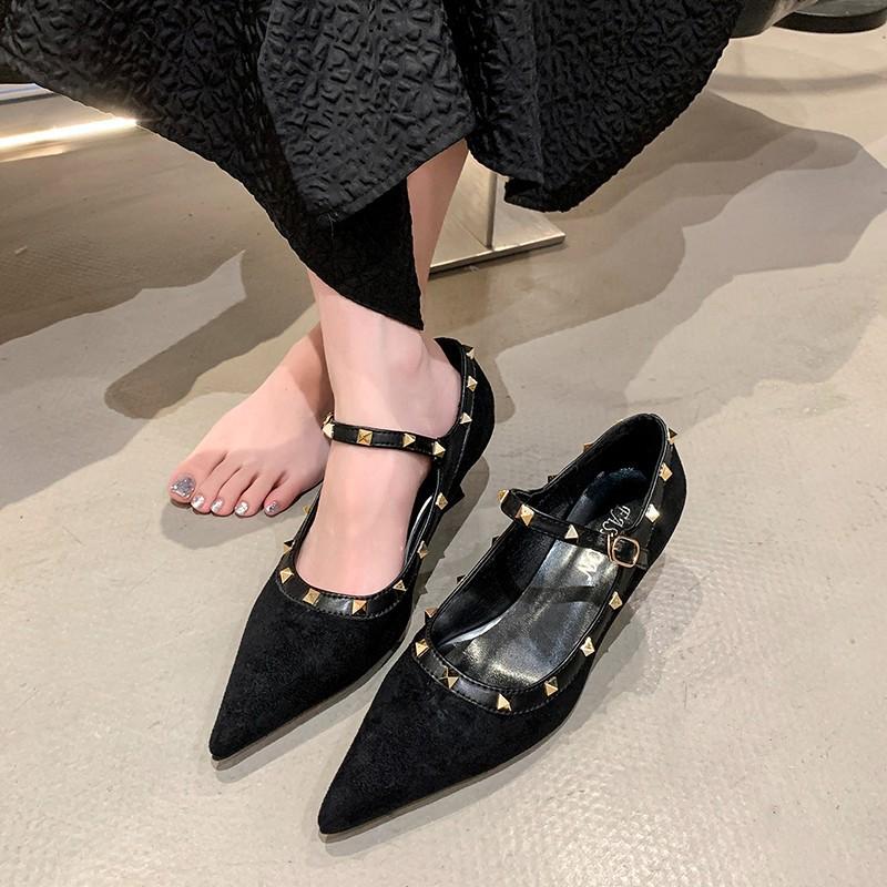 Pointed Suede Ankara Red One-Buckle with Mary Jane Women's Shoes 2025 Bow Heel Leather High Heels