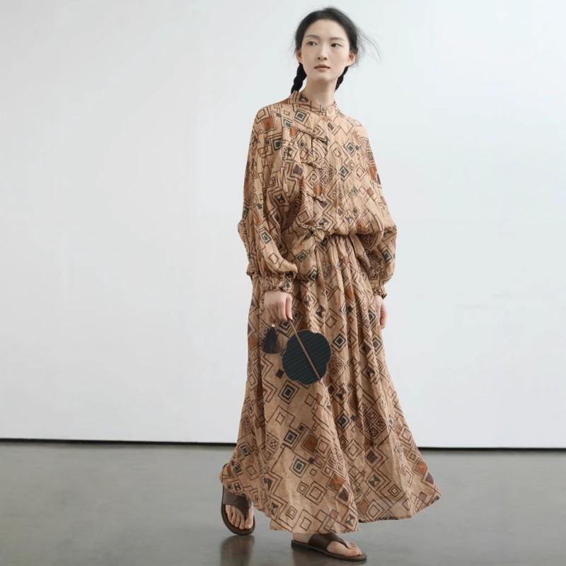 Johnature Women Vintage Shirts Plaid Stand Bat Sleeve Blouses Spring Button Chinese Style Loose Button Shirts