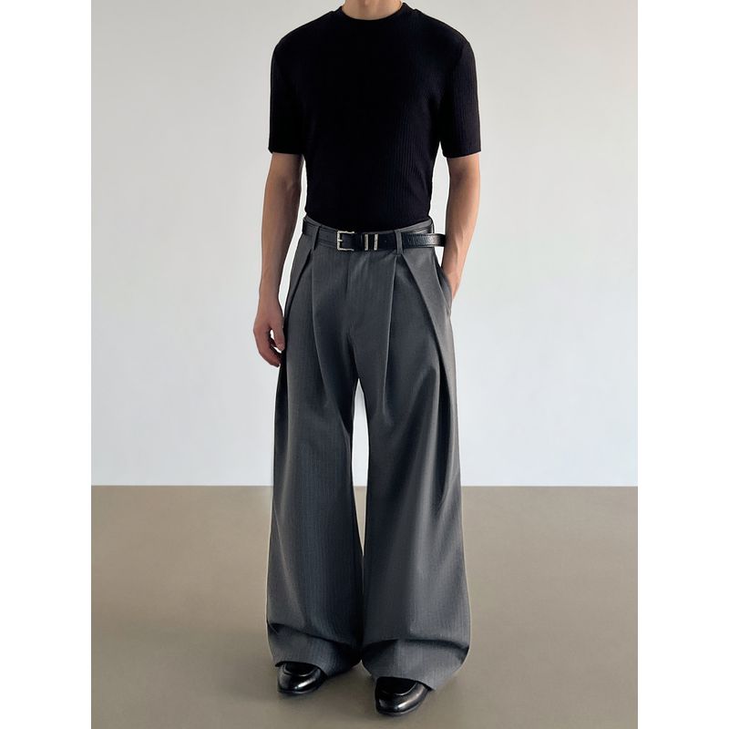 Blaexit Old Money Style Cleanfit Gray Striped A-Line Dress Pants Men's Casual Loose High-Waisted Drapey Wide-Leg Pants