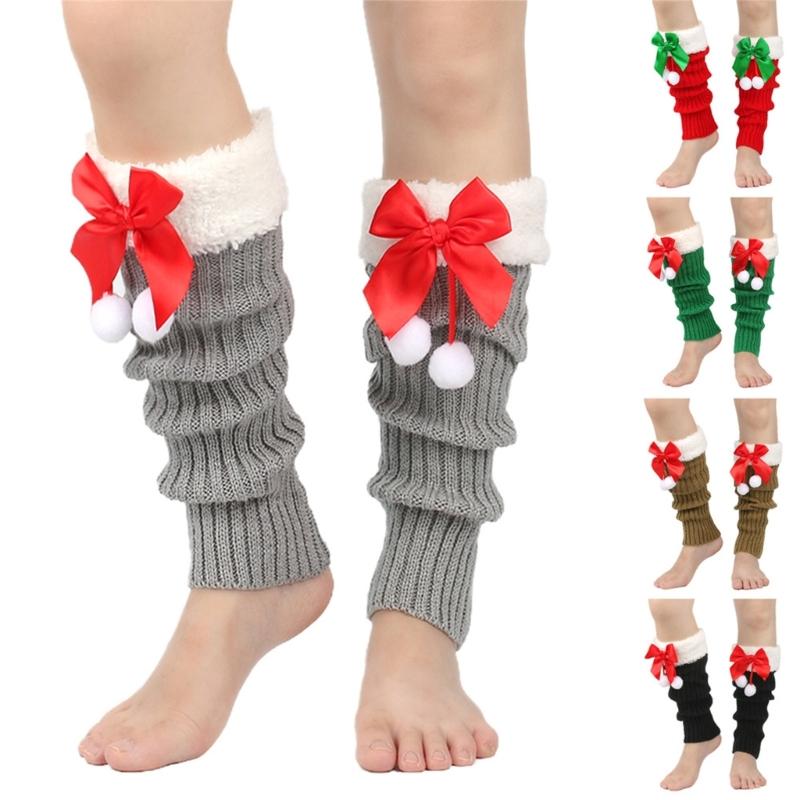 Christmas Fleece Trim Warm Leg Warmers Sweet Plush Balls Bows Knitted Boot Covers Festival Footless Socks for Women