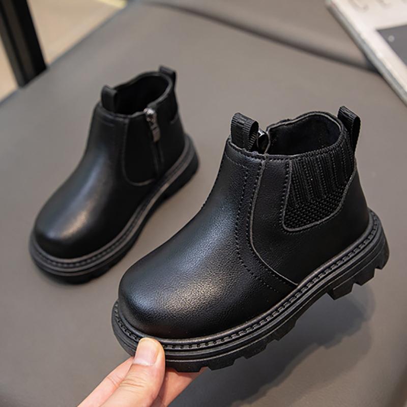 Children's British Style Leather Boots with Side Zipper and Non-Slip Sole