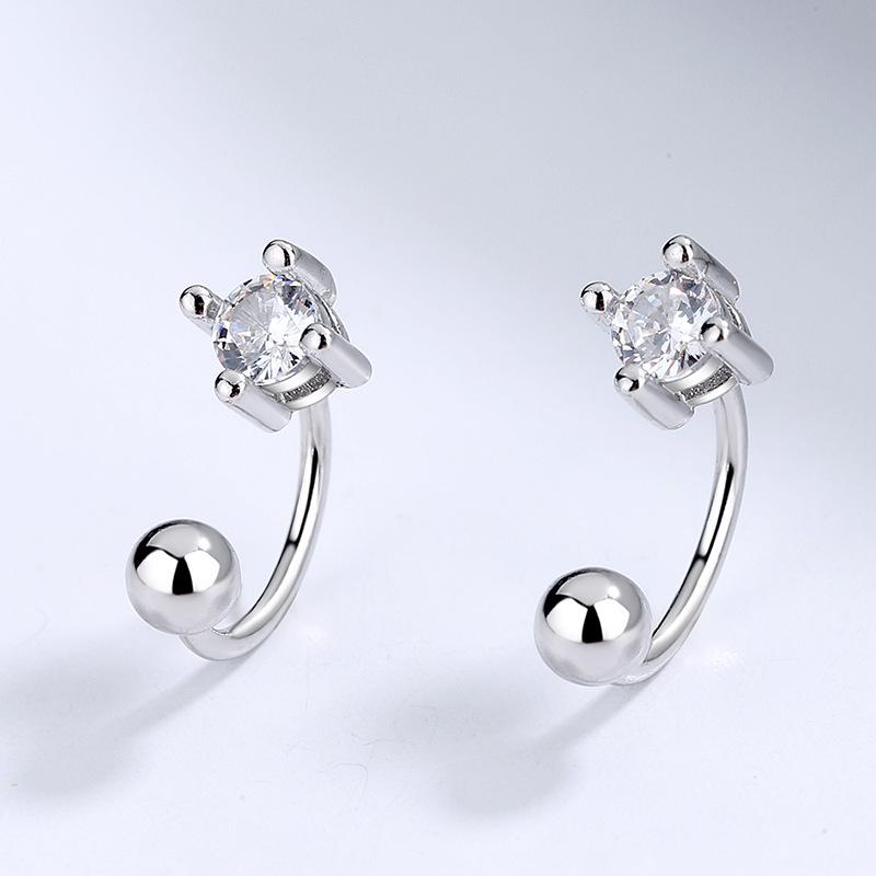 S925 Sterling Silver Zircon Screw-Back Stud Earrings - Simple C-Shaped Design for Cartilage and Round Face Slimming