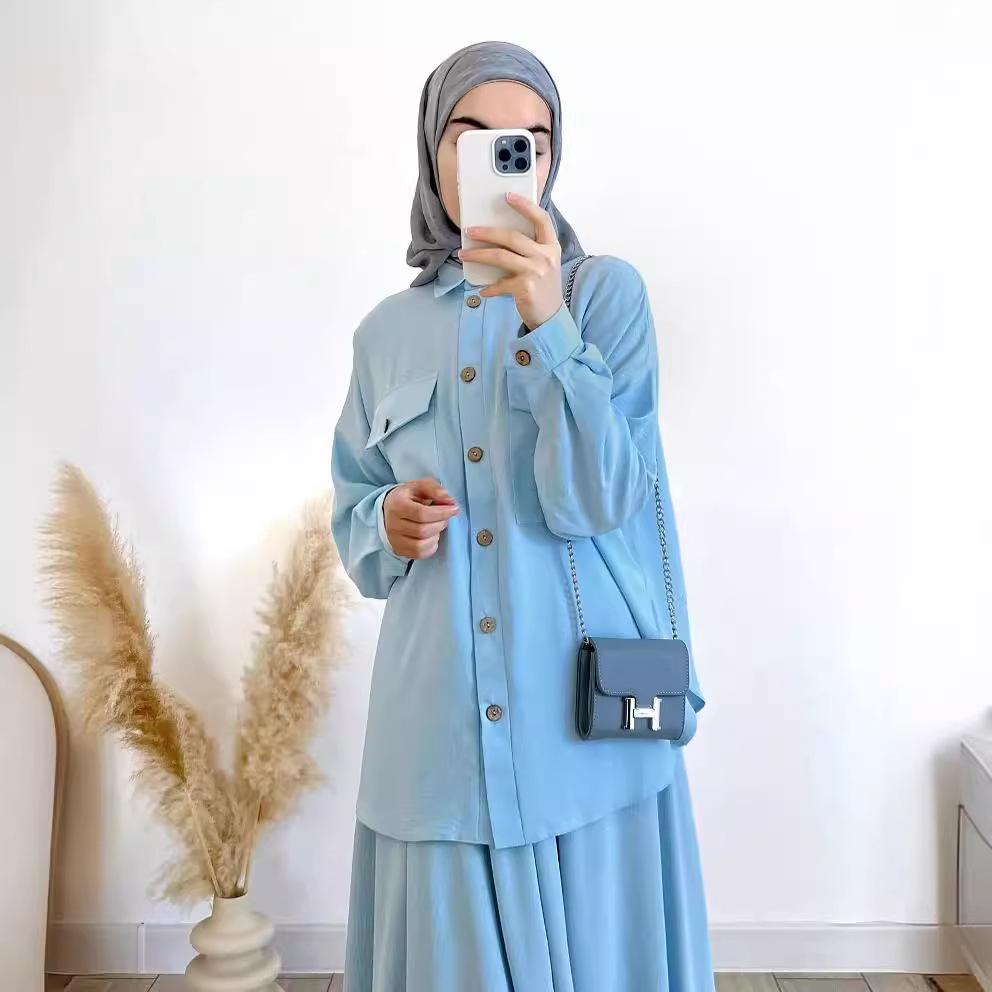 Ropa Musulmana para Mujer Primavera 2024: Conjunto de Camisa Suelta de Manga Larga y Falda Midi