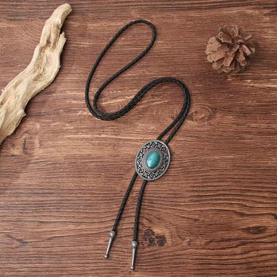 Retro Sweater Necklace Western Cowboy Style Sweater Chain Carved Faux Turquoise Buckle Faux Leather Long Necklace