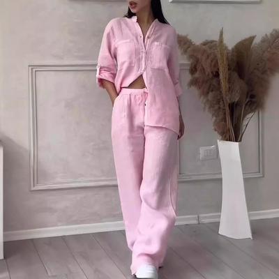 Women's Spring and Autumn 5XL Plus Size Solid Color Button Up Shirt+drawstring Wide Leg Pants Casual Sports Two-piece Set