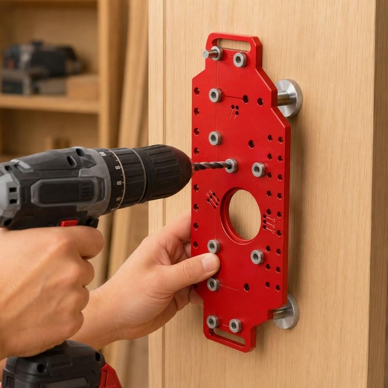 Cabinet Hole Drilling Guide with Aluminum Plate, Guide Bushings and Metal Parts for Shelf Pin Layout and Furniture Assembly Work Tasks